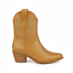 Tuhoomall Western Ankle Boots with Embroidered Pattern, 5cm Chunky Heel, Slip-On Design for Fashion and Travel, Durable Synthetic Fabric Lining