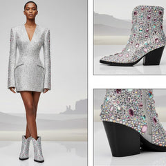 Tuhoomall Pointed-Toe Chunky Heel Ankle Booties with Rhinestones for Fashionable Ballroom Dance - Slip-On Design, 3.00 in Heel Height