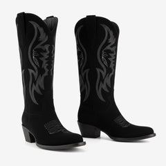 Tuhoomall Western Embroidered Pointed Toe Chunky Heel Slip-On Mid Calf Boots for Women, Retro Casual Style, Perfect for Weddings and Everyday Wear
