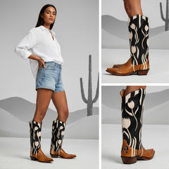 Tuhoomall Western Style Mid Calf Boots With Floral Embroidery - Casual Fashion Footwear For Travel And Parties, 2.00 In Heel, Snip Toe Design