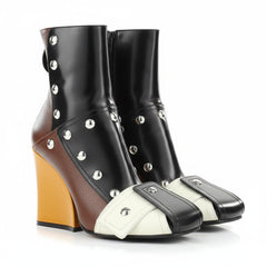 Tuhoomall Fashion Ankle Booties With Zip And Studs, Chunky Wedge Heel, Stylish For Parties And Casual Outings, All-Season Wear