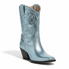 Tuhoomall Metallic Ankle Booties for Women, Chunky Block Heel, Pointed Toe, Casual Stylish Design, Vegan Leather, Embroidered Details, All Seasons