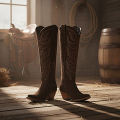 Tuhoomall Western Cowboy Knee High Boots for Women, Floral Embroidery, Comfortable Chunky Heel, Perfect for Travel and Outdoor Fashion