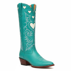 Tuhoomall Western Knee High Boots With Rubber Sole, 5cm Chunky Heel, Embroidered Sweet Pink Hearts For Casual Fashion All Year Round