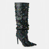 Tuhoomall Wrinkled Western Knee High Boots for Women with Pointed Toe, Sparkling Accents, Ideal for Fashionable Casual Outdoor Wear
