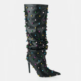 Tuhoomall Wrinkled Western Knee High Boots for Women with Pointed Toe, Sparkling Accents, Ideal for Fashionable Casual Outdoor Wear Tuhoomall