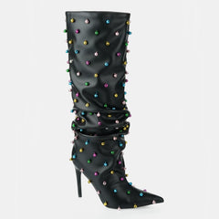 Tuhoomall Wrinkled Western Knee High Boots for Women with Pointed Toe, Sparkling Accents, Ideal for Fashionable Casual Outdoor Wear