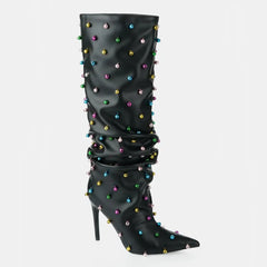Tuhoomall Wrinkled Western Knee High Boots for Women with Pointed Toe, Sparkling Accents, Ideal for Fashionable Casual Outdoor Wear Tuhoomall
