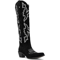 Tuhoomall Western Knee-High Boots with Elegant Embroidery, Stylish Mid Heel for Casual and Office Wear, Durable Faux Suede Leather, All-Season Fashion