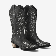 Tuhoomall Cowboy Boots for Women Western Square Toe Mid Calf White Cowgirl Boots Rhinestone Chunky Wedding