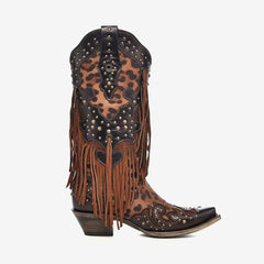 Tuhoomall Western Style Women's Cowboy Boots, Casual Mid-Calf Shoes with Animal Print, Fringe, and Studs, Chunky Heel, All-Season Wear
