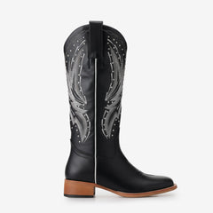 Tuhoomall Western Cowboy Women's Mid-Calf Boots - Comfortable Slip-On Design, Chunky Heel, Embroidered and Studded Style for Outdoor and Parties Tuhoomall