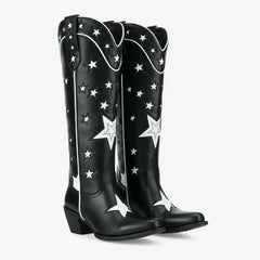 Tuhoomall Black Western Cowgirl Boots With Star Inlay, Chunky Heeled Mid Calf Design, Versatile Style For Weddings And Outdoor Events Tuhoomall
