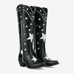 Tuhoomall Black Western Cowgirl Boots With Star Inlay, Chunky Heeled Mid Calf Design, Versatile Style For Weddings And Outdoor Events