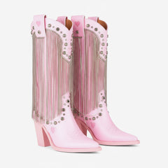 Tuhoomall Chunky Heel Western Rhinestone Booties with Fringes for Fashion Events, Pointed Toe, Slip-On Style, All-Day Comfort, Eye-Catching Design