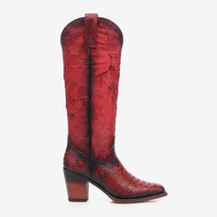 Tuhoomall Western Style Knee-High Cowboy Boots for Performances, Retro Trendy Design, Fashionable Snakeskin with Chunky Heel