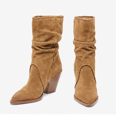 Tuhoomall Western Cowboy Ankle Boots for Women, Stylish Casual Short Boots, Wrinkled Design, Slip-On, Chunky Heel, All-Season Wear