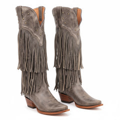 Tuhoomall Western Knee-High Cowboy Boots, Chunky Heel, Fringe & Studs, Retro Style, Casual Wear, All Seasons