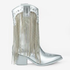 Tuhoomall Chic Pointed Toe Chunky Heel Ankle Boots with Tassels and Sparkling Rhinestones for Parties and Stylish Casual Outings