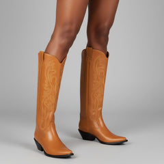 Tuhoomall Western Style Floral Embroidery Knee High Boots for Work - 5.6 cm Chunky Heel, Rubber Sole, Slip-On Design, Classic Fashion وترتیب