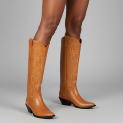 Tuhoomall Western Style Floral Embroidery Knee High Boots for Work - 5.6 cm Chunky Heel, Rubber Sole, Slip-On Design, Classic Fashion وترتیب Tuhoomall