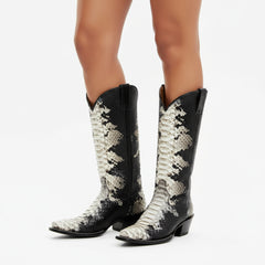 Tuhoomall Western Style Knee-High Cowboy Boots For Women, Comfortable Ankle Design, Fashionable Casual Look With Faux Leather In Crocodile & Snake Patterns