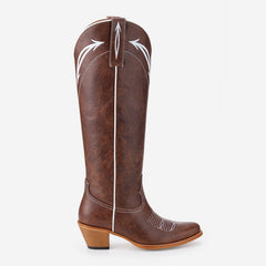 Tuhoomall Western Cowboy Knee-High Boots for Women, Floral Embroidery, Stylish Chunky Heels, Comfortable Everyday Wear