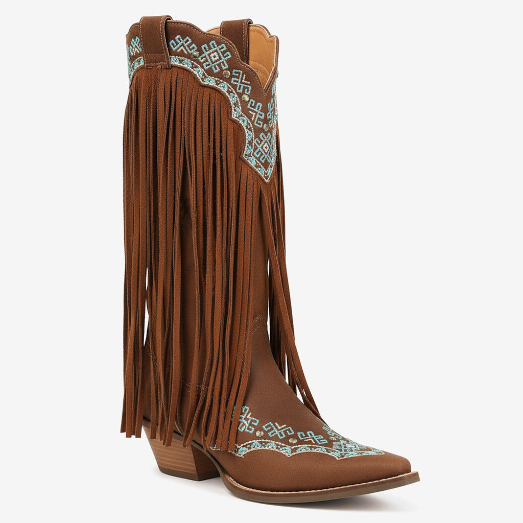 Tuhoomall Western Cowboy Boots for Women with Fringe, Embroidery and Studs - Stylish Casual Party Footwear with Chunky Heels Tuhoomall