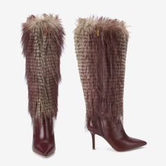 Tuhoomall Knee-High Faux Fur Booties with Zip Closure for Fashion Parties and Performances, Pointed Toe High Heels