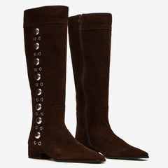 Tuhoomall Fashion Casual Knee High Boots for Women, Comfortable Low Chunky Heel, Lace Up, Studded Details, Perfect for Work and Everyday Style