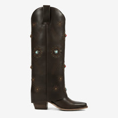 Tuhoomall Western Knee-High Boots With Studs And Embroidery, Casual Fashion For All Seasons, Foldable Design, Chunky Heel, Rubber Sole Tuhoomall