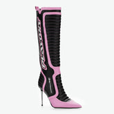 Tuhoomall Knee High Party Boots with Pointed Toe, 10cm Stiletto Heels, Stylish Striped Pattern, Perfect for Fashionable Events