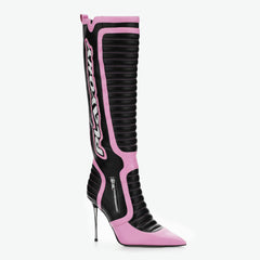 Tuhoomall Knee High Party Boots with Pointed Toe, 10cm Stiletto Heels, Stylish Striped Pattern, Perfect for Fashionable Events
