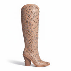 Tuhoomall Western Style Mid Calf Cowboy Boots with Chunky Heel, Pointed Toe, Zipper Closure, Studded Design, Vegan Leather, Ideal for Spring, Fall & Winter