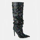 Tuhoomall Wrinkled Western Knee High Boots for Women with Pointed Toe, Sparkling Accents, Ideal for Fashionable Casual Outdoor Wear