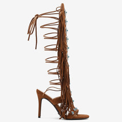 Tuhoomall High Heel Open Toe Booties with Fringe and Stone Detail for Party and Fashion Runway Events