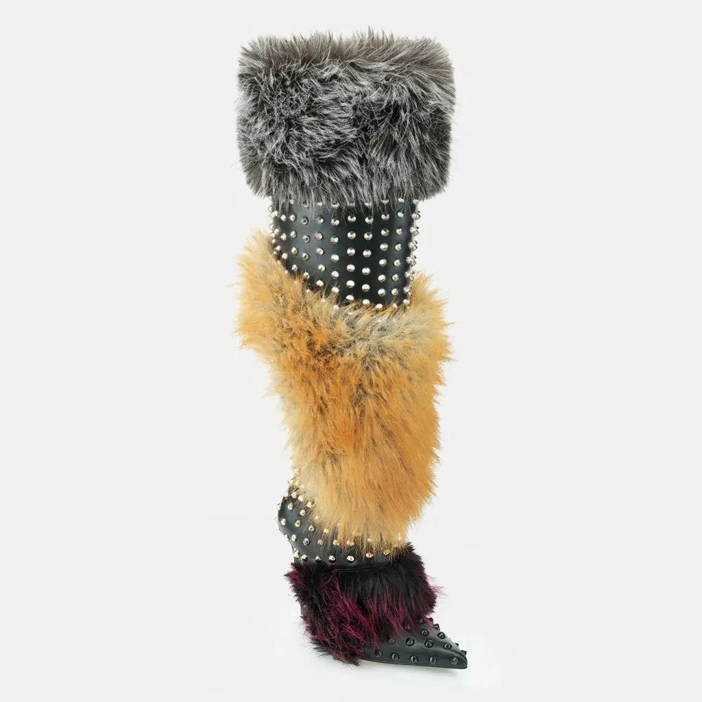 Tuhoomall Stylish Over-the-Knee Chunky Heeled Boots for Parties and Performances with Faux Fur and Studs Tuhoomall