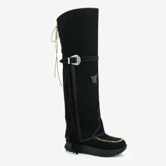 Tuhoomall Waterproof Over-The-Knee Flat Boots, Comfortable Thick Sole with Tassels, Stylish Bohemian Design for Casual Parties