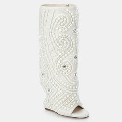 Tuhoomall Wedge Heel Floral Peep-Toe Ankle Boots with Rhinestone Accents for Parties and Performances