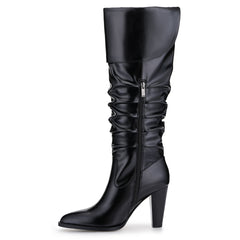 Tuhoomall Fashion Knee-High Boots for Women, Stylish Ruffled Design, 9cm Chunky Heel, Ideal for Casual Work and All Seasons Tuhoomall