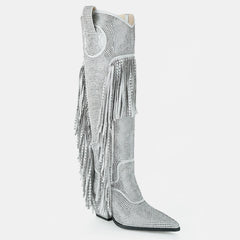 Tuhoomall Knee High Suede Boots For Women With Chunky Heel, Pointed Toe, Tassel And Rhinestones, Perfect For Fashion, Casual And Outdoor Wear