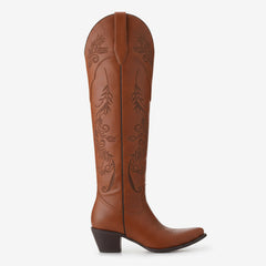 Tuhoomall Western Knee-High Boots with Zipper Closure, Chunky Heel, Embroidered Floral Design, Durable Rubber Sole for Fashion Parties and Travel