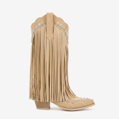 Tuhoomall Western Style Mid-Calf Boots with Fringe and Stone Embellishments, Comfortable Block Heels for Parties and Casual Outings Tuhoomall
