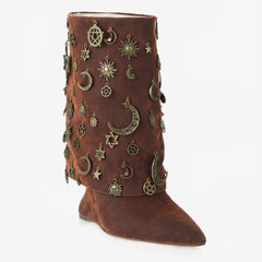 Tuhoomall Western Style Chunky Heeled Ankle Boots with Vintage Metallic Accents for Parties and Events