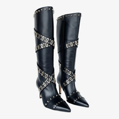 Tuhoomall Studded Pointed-Toe Stiletto Boots for Women - Stylish Mid Calf Formal Footwear with Zipper Closure Tuhoomall