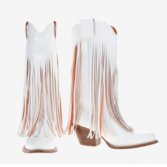 Tuhoomall Western Ankle Boots for Women, Fashionable Chunky Heeled Slip-On Design with Fringe and Letter Pattern, Comfortable All-Season Wear Tuhoomall