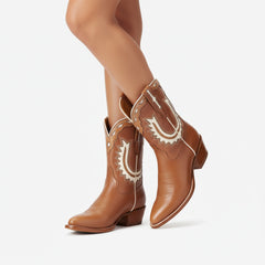 Tuhoomall Stylish Women's Ankle Boots with Embroidery and Laser Cut Out, Perfect for Parties and Performances, Comfortable Chunky Heel Design