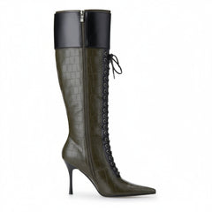 Tuhoomall Knee-High Pointed Toe Women's Fashion Boots with Cross Straps and Metal Accents for Parties and Performances, Stylish and Functional Tuhoomall