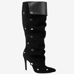 Tuhoomall Comfortable Knee-High Fashion Heels for Women - Chic Pointed Toe Ruched Boots with Rubber Sole