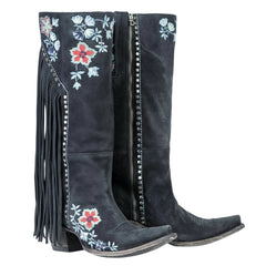 Tuhoomall Western Cowboy Boots for Women, Floral Embroidered Mid-Calf Chunky Heel, Trendy Fringe Detail, Perfect for Casual Outings and Performances Tuhoomall